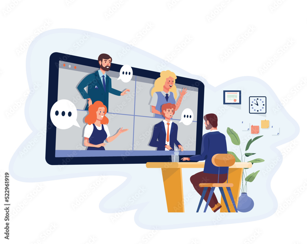 Man having videoconference meeting. Zoom conference. Online meeting with collegues. Corporate virtual meeting and negotiations among the employees.