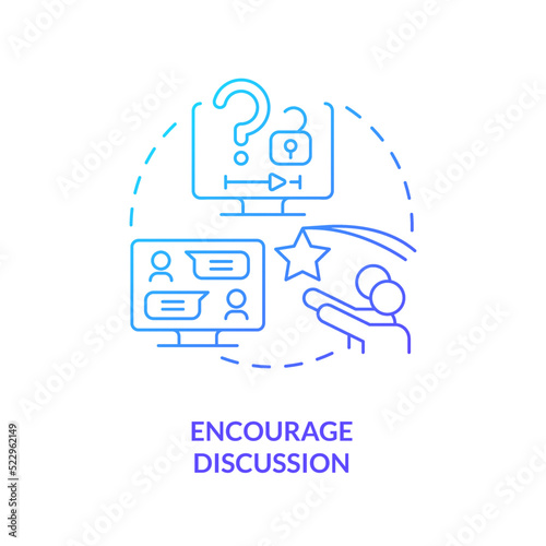 Encourage discussion blue gradient concept icon. Student opinion and questions. E Learning video tip abstract idea thin line illustration. Isolated outline drawing. Myriad Pro-Bold font used