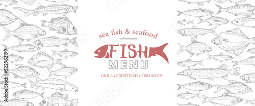Collection of fish sketches. The menu frame consists of marine and freshwater fish. Tuna, flounder, cod, herring, rainbow trout, mackerel, salmon, perch in the engraved style