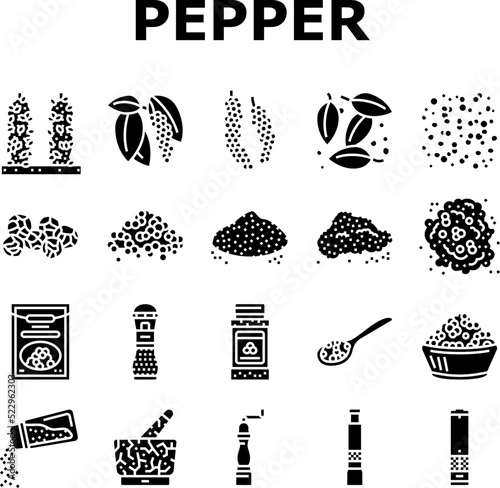 Black Pepper Aromatic Hot Spice Icons Set Vector. Ground Spicy Ingredient For Cooking And Seasoning Dish, Growing Plant Drying Seeds Mechanical And Electrical Mill Glyph Pictograms Black Illustrations