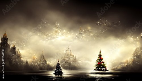 3D Render Merry Christmas HD Wallpaper. Dark vintage lights background. defocused. Beautiful artwork seasonal illustration and copy space background.
