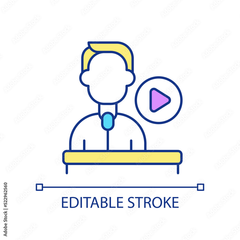 Motivational speaker video course RGB color icon. Oral communication skill. Digital oratory. Public speaking. Isolated vector illustration. Simple filled line drawing. Editable stroke. Arial font used