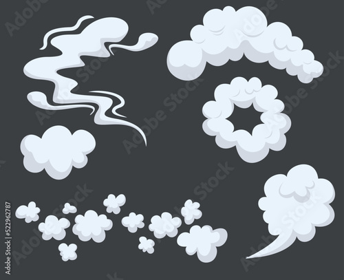 Set of stylized white clouds. Vector smoke set special effects template. Cartoon steam clouds, puff, mist, fog, watery vapour or dust explosion. Vector illustration collection of smoke.