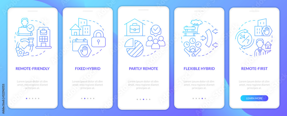 Hybrid work models blue gradient onboarding mobile app screen ...
