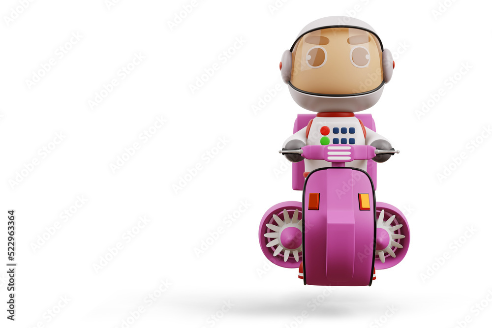 Delivery spaceman riding flying motorcycle with delivery box, 3d rendering
