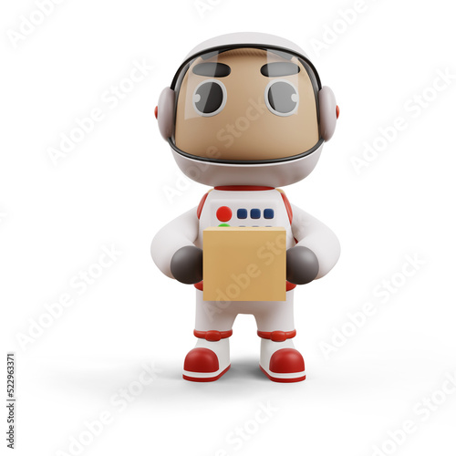 Delivery spaceman holding a box, 3d rendering