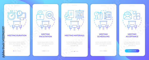 Meeting norms blue gradient onboarding mobile app screen. Business conference walkthrough 5 steps graphic instructions with linear concepts. UI, UX, GUI template. Myriad Pro-Bold, Regular fonts used