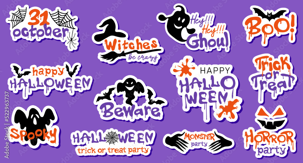 Fototapeta premium Set of halloween sticker with ghosts, bats and spider webs. Print for graphic tee, sweatshirt, poster. Vector collection of Halloween theme elements.