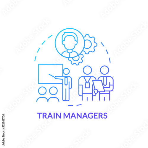 Train managers blue gradient concept icon. Professional skills development. Step to transformation abstract idea thin line illustration. Isolated outline drawing. Myriad Pro-Bold font used