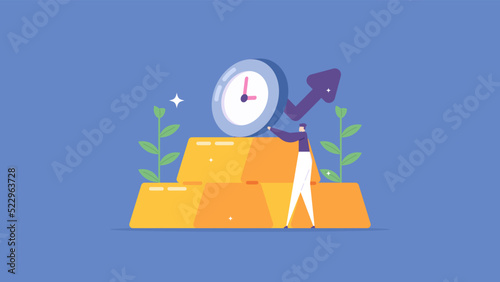 gold investment. a businessman collects and accumulates some gold bars. save or buy gold for future profit. business and finance. flat cartoon illustration. vector concept design