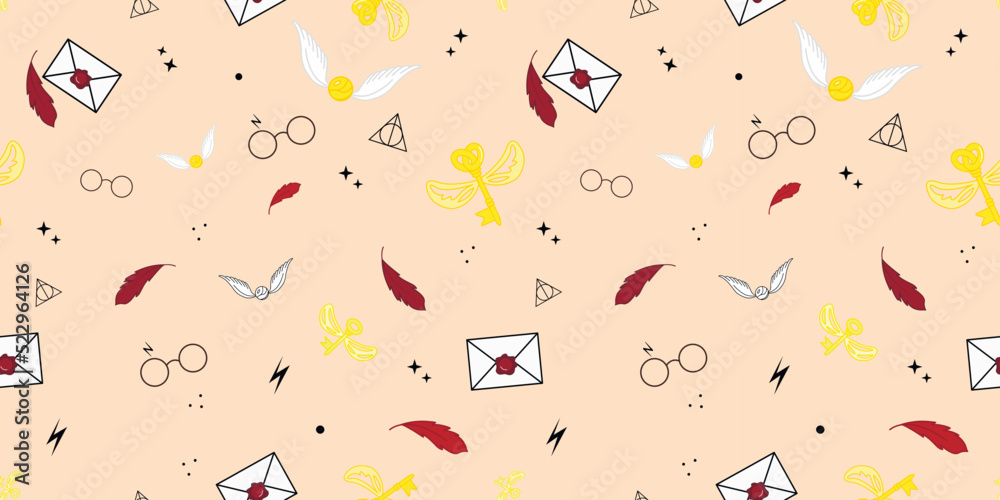 Seamless pattern magic school. Vector seamless pattern with magician objects - Feathers, flying letter, glasses, flying key. Children's pattern, magic design.