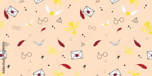 Seamless pattern magic school. Vector seamless pattern with magician objects - Feathers, flying letter, glasses, flying key. Children's pattern, magic design.