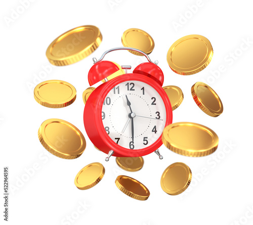 Gold coins flying around the alarm clock, time money concept, 3d render