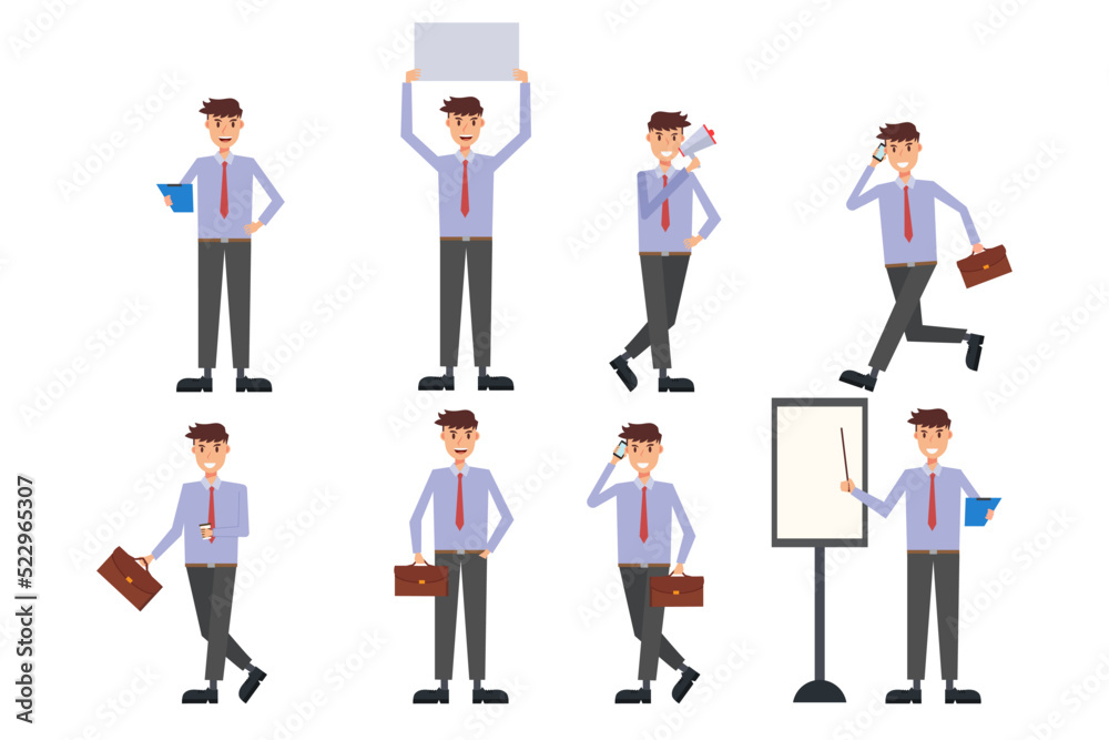 Flat design concept of Businessman with different poses, working and presenting process gestures, actions and poses. Vector cartoon character design set.