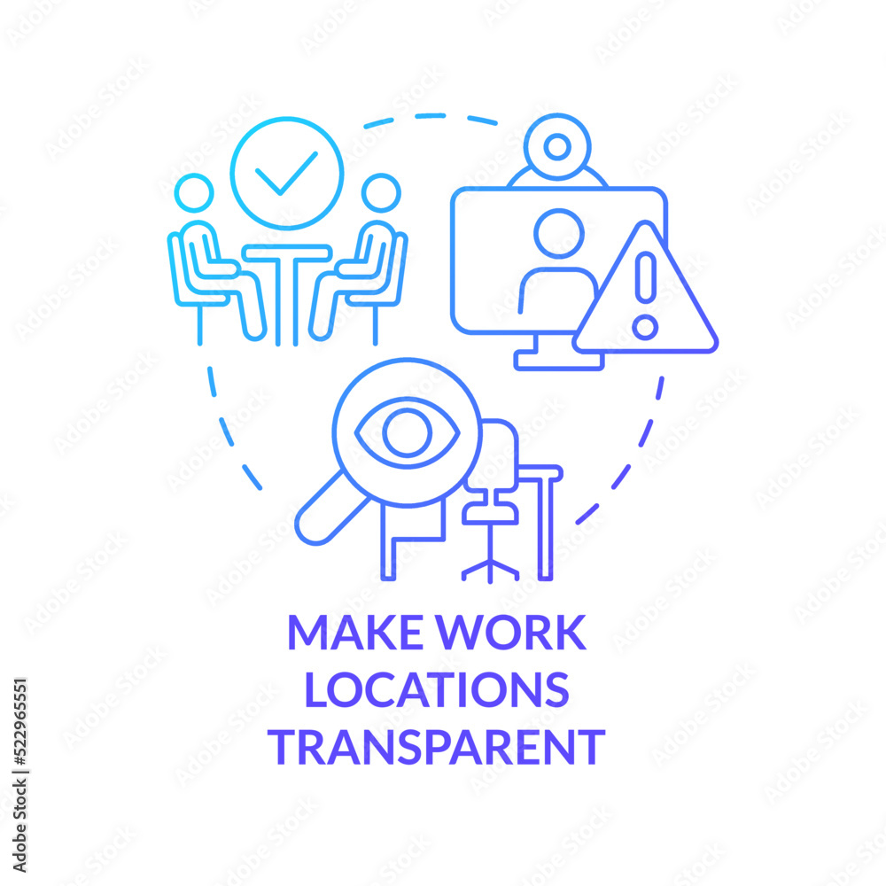 Make work locations transparent blue gradient concept icon. Meeting. Creating hybrid environment abstract idea thin line illustration. Isolated outline drawing. Myriad Pro-Bold font used Make work locations transparent blue gradient concept icon. Meeting. Creating hybrid environment abstract idea thin line illustration. Isolated outline drawing. Myriad Pro-Bold font used