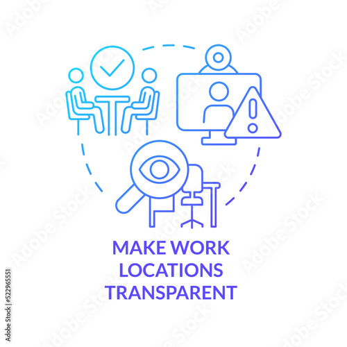 Make work locations transparent blue gradient concept icon. Meeting. Creating hybrid environment abstract idea thin line illustration. Isolated outline drawing. Myriad Pro-Bold font used