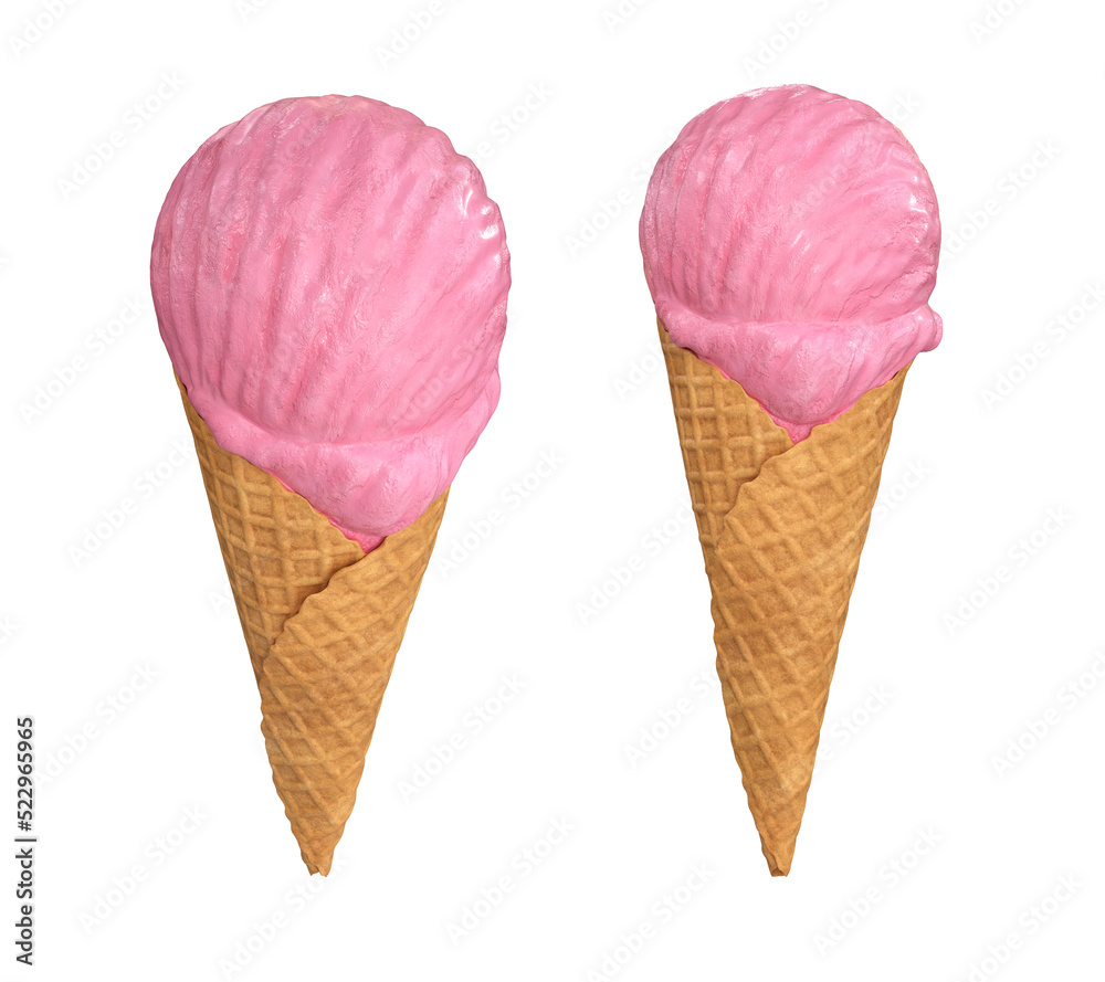 Pink ice cream in a waffle cone set of two types, 3d render Pink ice cream in a waffle cone set of two types, 3d render