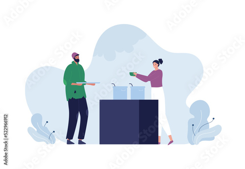 Volunteering and humanitarian aid for homeless concept. Vector flat people character illustration. Male poor man and female volunteer give food from rack.