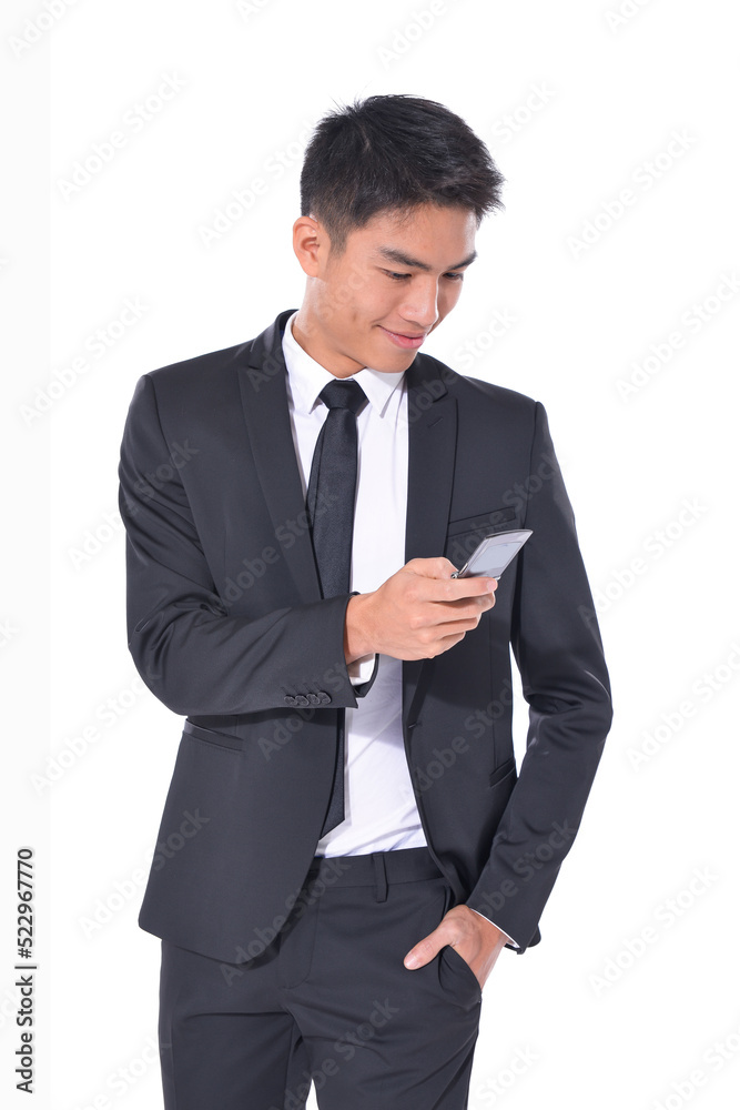Handsome young business man
wear formal suit with black tie, using cellphone ,Businessman portrait Isolated on white background
Handsome young business man
wear formal suit with black tie, using cellphone ,Businessman portrait Isolated on white background