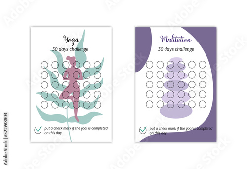 Yoga and meditation habits tracker templates set. Personal 30 days challenge. Healthy lifestyle habit tracker blanks. Vector illustration of paper worksheet for marking success in month