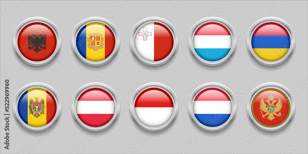 Europe Round Flags Set Collection 3D round flag, badge flag, Albania, Luxembourg, Andorra, Malta, Armenia, Moldova, Austria, Monaco, Netherlands, Montenegro Europe Round Flags Set Collection 3D round flag, badge flag, Albania, Luxembourg, Andorra, Malta, Armenia, Moldova, Austria, Monaco, Netherlands, Montenegro