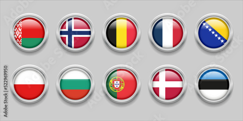 Europe Round Flags Set Collection 3D round flag, badge flag, Belarus, Norway, Belgium, France, Bosnia and Herzegovina, Poland, Bulgaria, Portugal, Denmark, Estonia