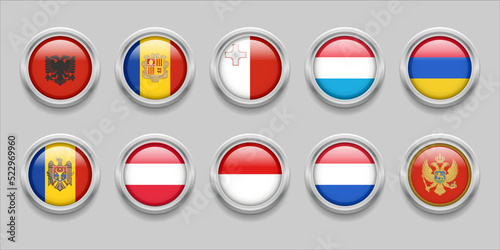 Europe Round Flags Set Collection 3D round flag, badge flag, Albania, Luxembourg, Andorra, Malta, Armenia, Moldova, Austria, Monaco, Netherlands, Montenegro