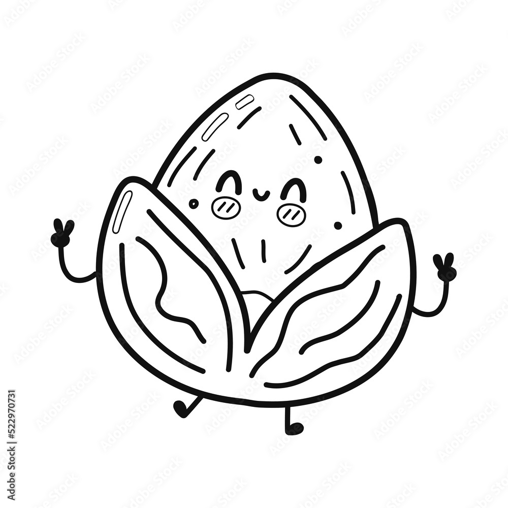 Funny cute happy pistachio characters bundle set. Vector kawaii line