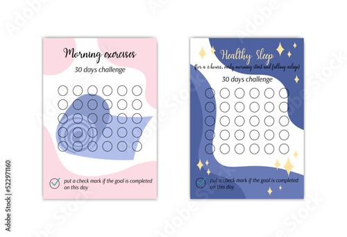 Morning exercises and Sleep habits tracker templates set. Personal 30 days challenge. Healthy lifestyle habit tracker blanks. Vector illustration of paper worksheet for marking success in month