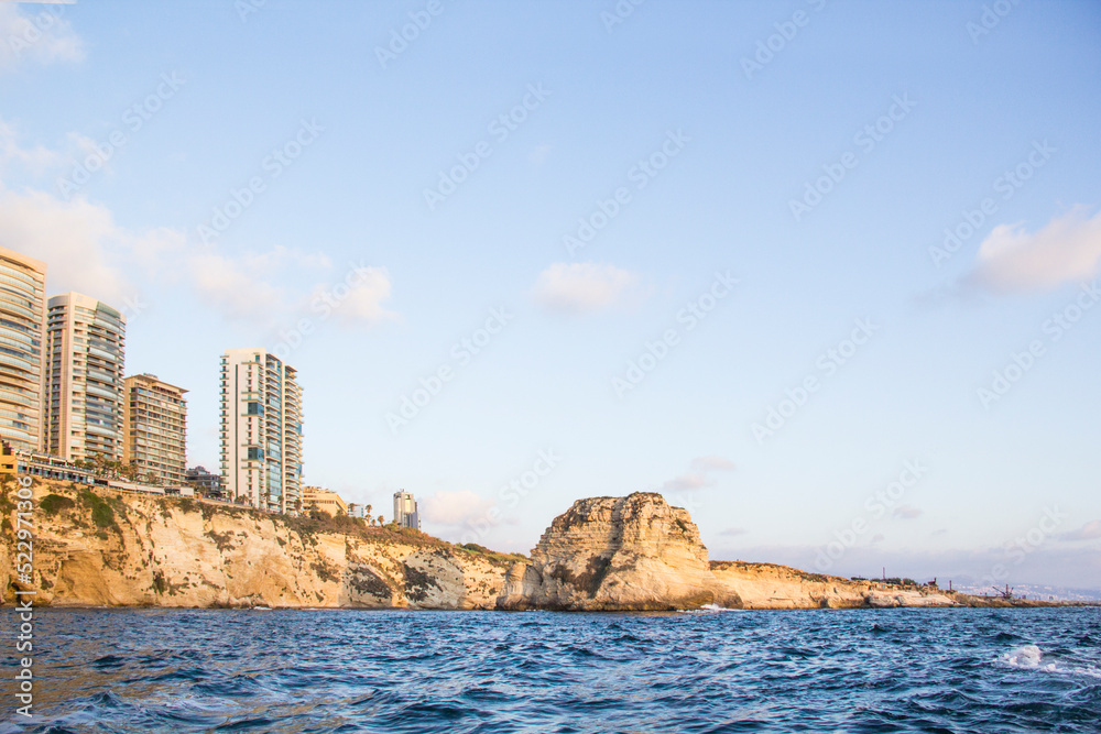 Beautiful view of the Pigeon Rocks on the promenade in the center of Beirut, Lebanon