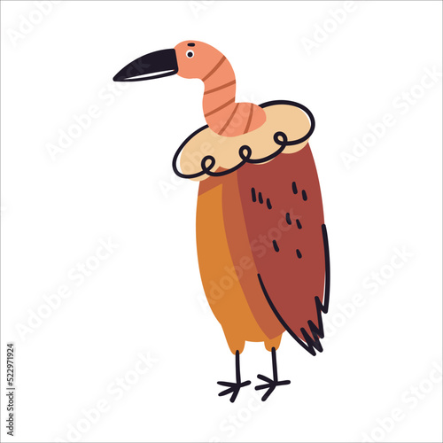 Vulture doodle vector illustration. Funny hand drawn safari predator character. Fingerboard isolated on white background. Childish t shirt print design forest and savannah of Africa