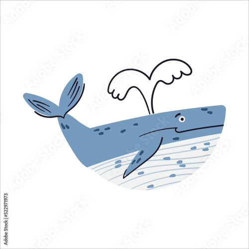 Blue whale vector illustration. Doodle hand drawn sea world character. Happy ocean fish isolated on white background. Childish t shirt print design marine