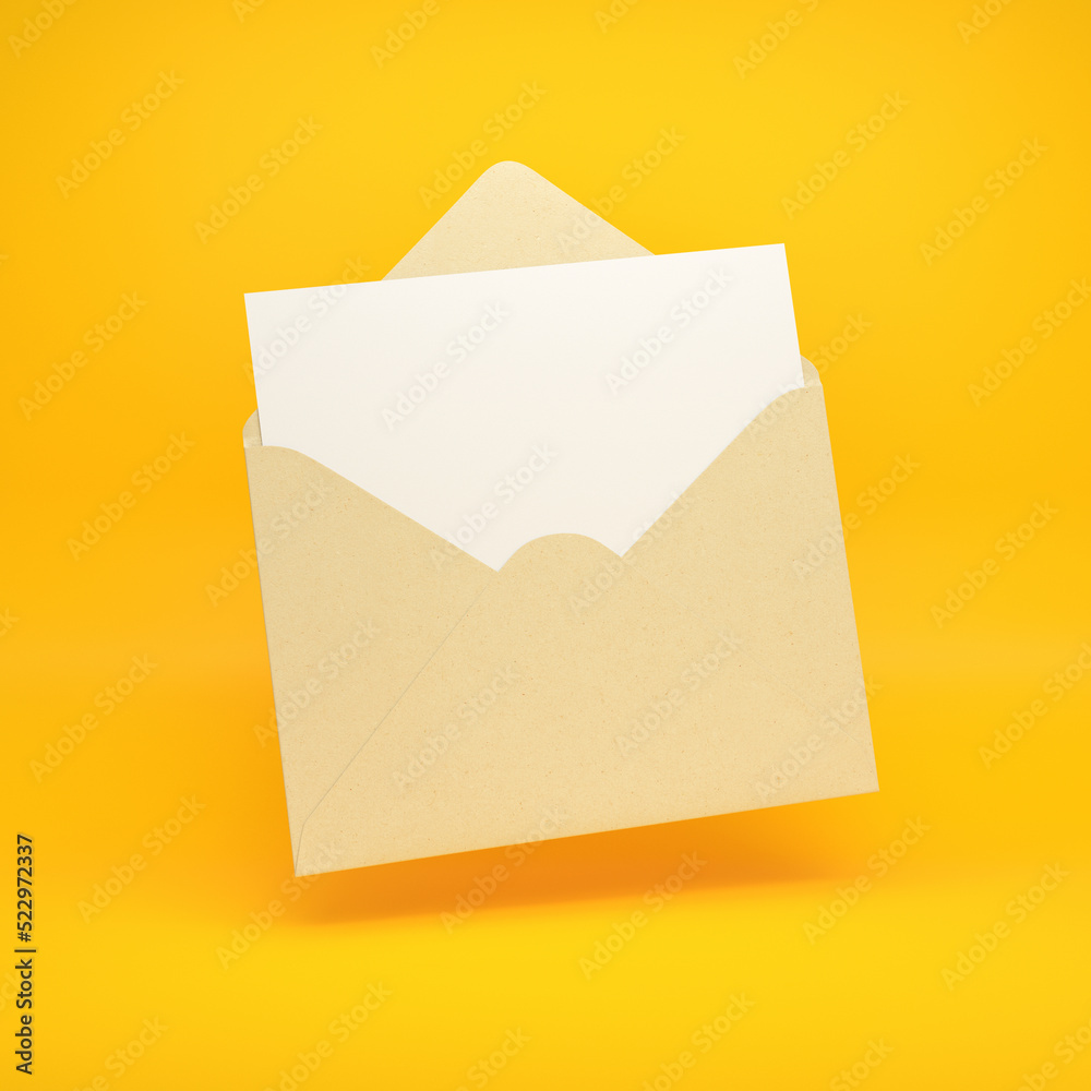 Beige open envelope with a sheet of paper floating on a yellow background, 3d render Beige open envelope with a sheet of paper floating on a yellow background, 3d render