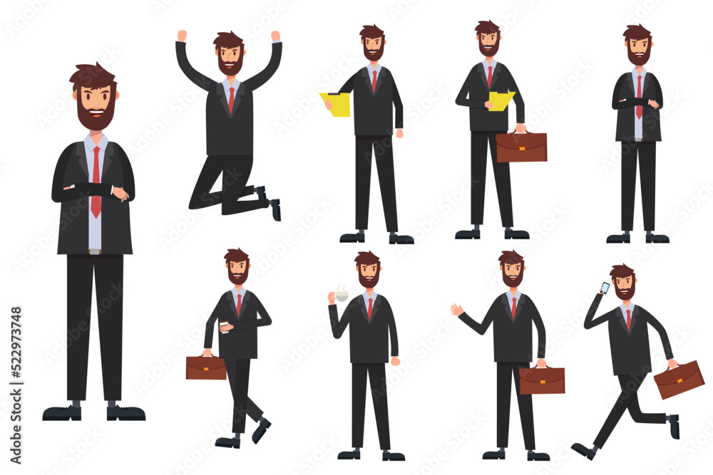 Flat design concept of Businessman with different poses, working and presenting process gestures, actions and poses. Vector cartoon character design set. Flat design concept of Businessman with different poses, working and presenting process gestures, actions and poses. Vector cartoon character design set.