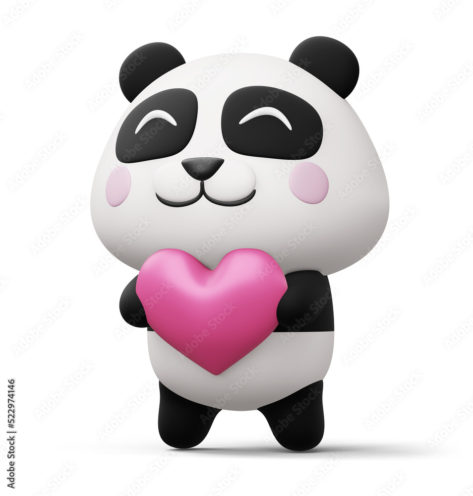 Fototapeta premium Cute panda with heart, cute animal, 3d rendering