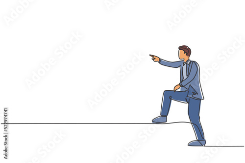 Single continuous line drawing young business man pointing finger forward while step up on stairs. Professional businessman. Minimalism concept dynamic one line draw graphic design vector illustration