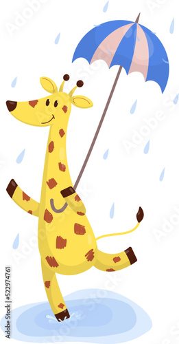 Yellow giraffe jumping through the puddles under an umbrella