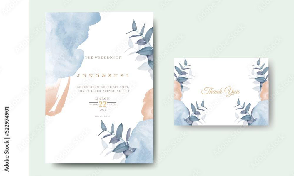 Hand painted watercolor Leaves wedding invitation template  