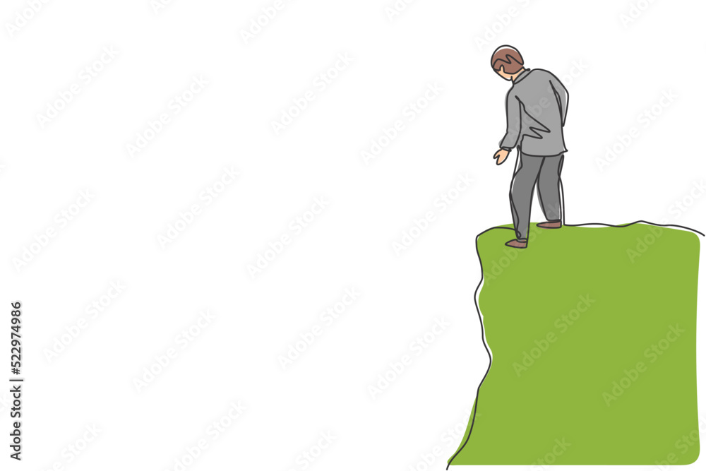 Single one line drawing of young smart business man looking down from top of the hill. Business risk and trap metaphor minimal concept. Modern continuous line draw design graphic vector illustration Single one line drawing of young smart business man looking down from top of the hill. Business risk and trap metaphor minimal concept. Modern continuous line draw design graphic vector illustration