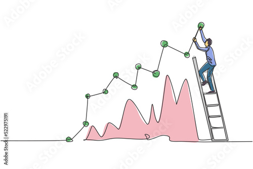 Single continuous line drawing of young business man climbing stair to sign increase market chart. Professional businessman. Minimalism concept dynamic one line draw graphic design vector illustration