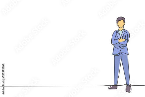 Single continuous line drawing of young handsome male worker pose standing elegantly at office. Professional businessman. Minimalism concept dynamic one line draw graphic design vector illustration