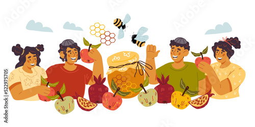 Happy children celebrate Rosh Hashanah Jewish holiday, backdrop design for card or greeting poster, web and print, flat flat vector illustration isolated on white background.