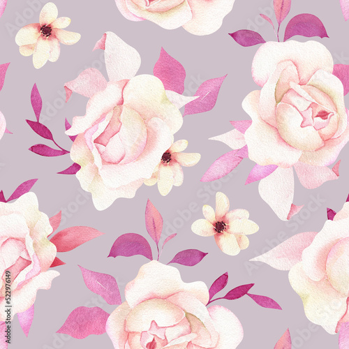Watercolor seamless floral pattern with garden tea flowers, roses, pink leaves on sage lilac background. Perfect for wallpaper, wrapping paper, fabric design, digital paper.