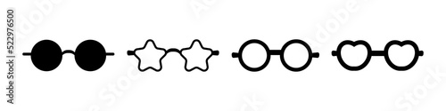 Cartoon sunglasses icon set. Stylish glasses with round shape, heart and stars. Vector illustration on white background.