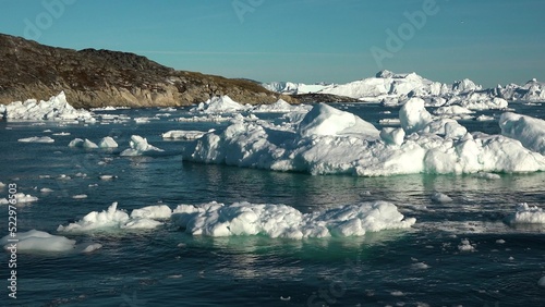 Greenland. Icebergs in Disco Bay. Landscapes of polar nature.