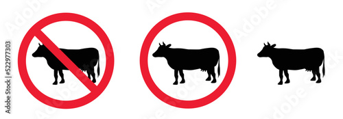 Cartoon drawing black no cow and taurus or bull. Vector forbidden, prohibition cow silhouette. farm animals. Cattle icon or pictogram. For no meat, lactose and milk symbol or logo