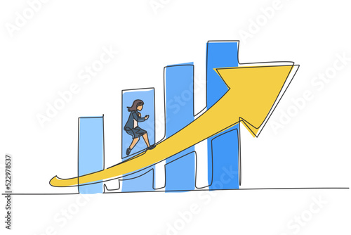 Continuous one line drawing young female entrepreneur running fast at increasing arrow symbol. Success business manager minimalist concept. Trendy single line draw design vector graphic illustration