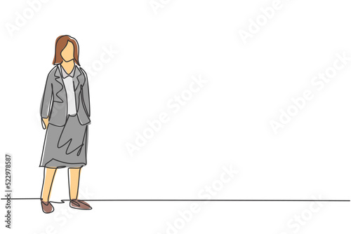 Single continuous line drawing of young beauty businesswoman looking forward pose standing elegantly. Professional worker. Minimalism concept dynamic one line draw graphic design vector illustration