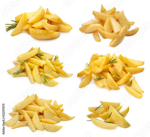 Set with delicious hot baked potatoes on white background