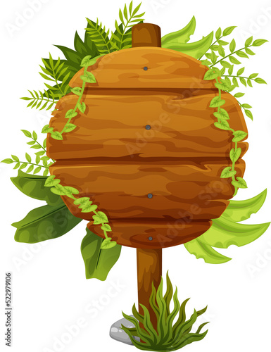 Cartoon wooden sign, jungle tropical liana board